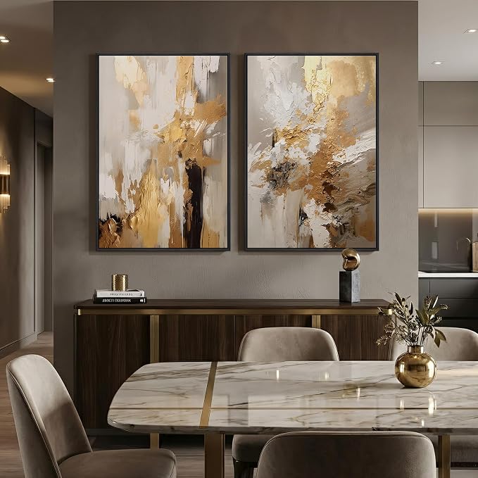 Large Framed Neutral Abstract Wall Art, 2 Piece Modern Canvas Prints Paintings, Beige Gold Abstract Pictures for Living Room Hallway Dining Room Bedroom Office Wall Decor 24x36 In