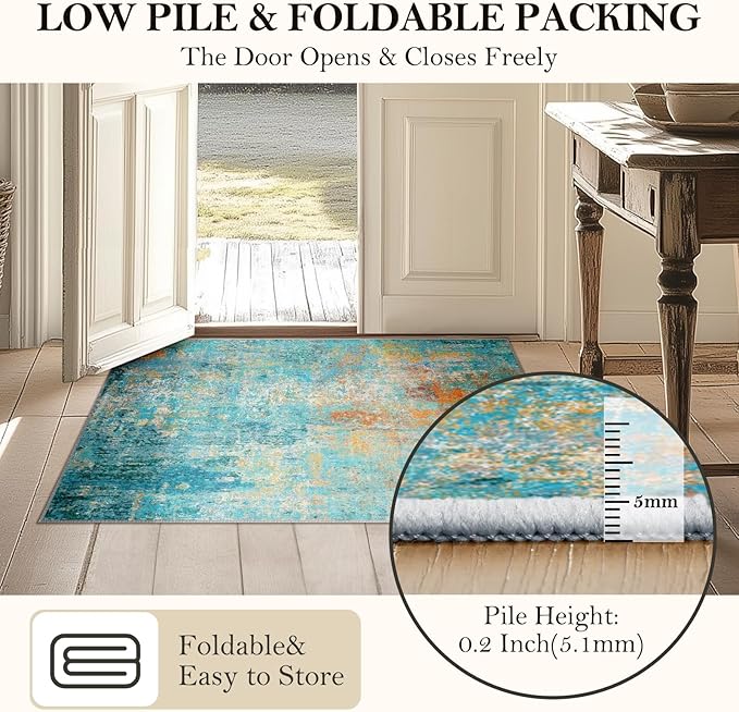 RELEANY Washable Area Rugs 8'x10' Non-Slip Modern Abstract Soft for Living Room Entryway Bedroom Kitchen, Print Pattern, Teal Blue Green Orange Rust Red Coloreful