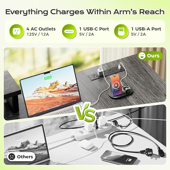 PRAISUN 61" L Shaped Computer Desk, Power Outlets, Monitor Stand, Grey | USB-C Ports, Reversible Charging Station, Spacious Desktop & Legroom, 0.94 Inch Thick Desktop, for Gaming, Study & Work