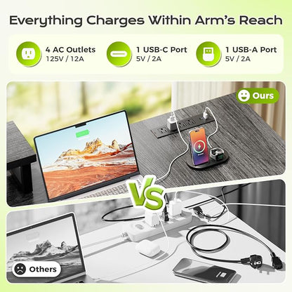 PRAISUN 61" L Shaped Computer Desk, Power Outlets, Monitor Stand, Grey | USB-C Ports, Reversible Charging Station, Spacious Desktop & Legroom, 0.94 Inch Thick Desktop, for Gaming, Study & Work
