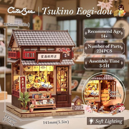 CUTEBEE Book Nook Kit - DIY Miniature House Japanese Fan Shop Dollhouse Kit for Adults and Teens, Booknook Tiny House Bookshelf Decor 3D Wooden Puzzle, Gifts for Family, Friends (Tsukino Eogi-dou)