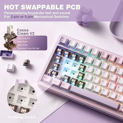 YUNZII B75 PRO 75% Wireless Mechanical Keyboard (Purple, Cocoa Cream V2) | Hot Swap Keyboard with Knob, Gasket Mount, Creamy Pre-lubed Switch for Smooth Typing, BT/USB-C/2.4G, for Gaming