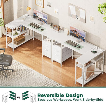 Huuger L Shaped Office Desk with Power Outlets, 47 Inch Computer Desk with 3 Drawers, Shelves, for Gaming, Corner Work, Home Office, Study, White