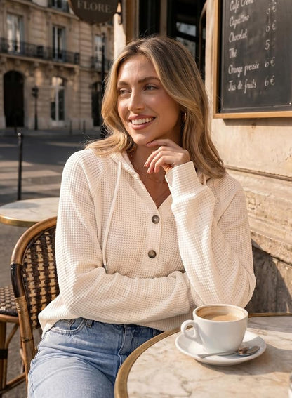 Dokotoo Hoodies for Women Waffle Knit Long Sleeve Drawstring Button V Neck Casual Sweatshirt Hooded Tops Fashion Clothing