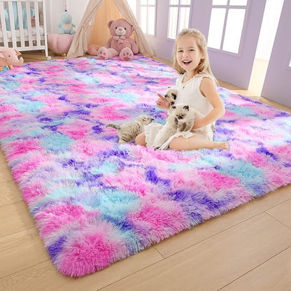 AROGAN Soft Rainbow Area Rugs for Girls Room 4x6 Feet, Fluffy Bedroom Rugs, Princess Rug, Cute Colorful Carpet for Kids Teens Nursery Toddler, Hot Pink
