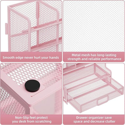 Marbrasse Larger Mesh Desk Organizer with Drawer, Multi-Functional Pen Pencil Holder, Easy Assembly, Desk Organizers and Accessories for Office Art Supplies (Pink)