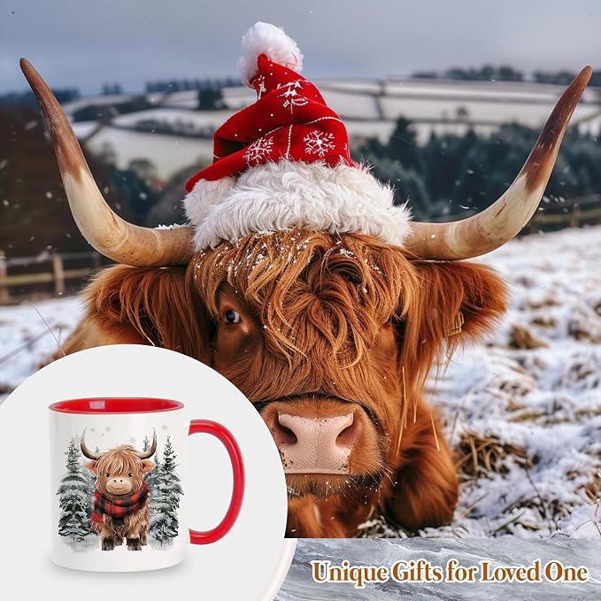 Hyturtle Highland Cow Coffee Mug Gifts on Christmas Winter For Cow Lovers | Winter Cow Gifts For Women, Premium 11oz ceramic mug, Vivid double-sided print, Comfort grip handle, Fade-resistant print