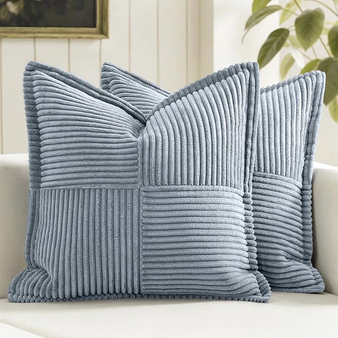 MIULEE Decorative Throw Pillow Covers for Couch Bed Livingroom 18x18 Inch Set of 2 Dustyblue Boho Accent Throw Pllows Broadside Striped Patchwork Soft Corduroy Pillowcases