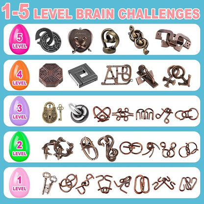 32 Pack Brain Teaser Puzzles & Colorful Easter Eggs - Challenging Metal Wire Puzzles for Kids & Adults - DIY Easter Basket Stuffers, Family Logic Games, Party Favors