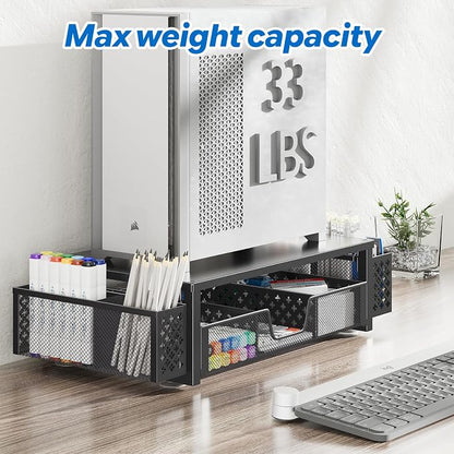 Simple Trending Metal Monitor Stand Riser, Drawer & 2 Pen Holders, Black | 2-in-1 Desk Organizer & Monitor Stand | Sturdy Metal | Ergonomic Support | Space Saving | Easy Setup