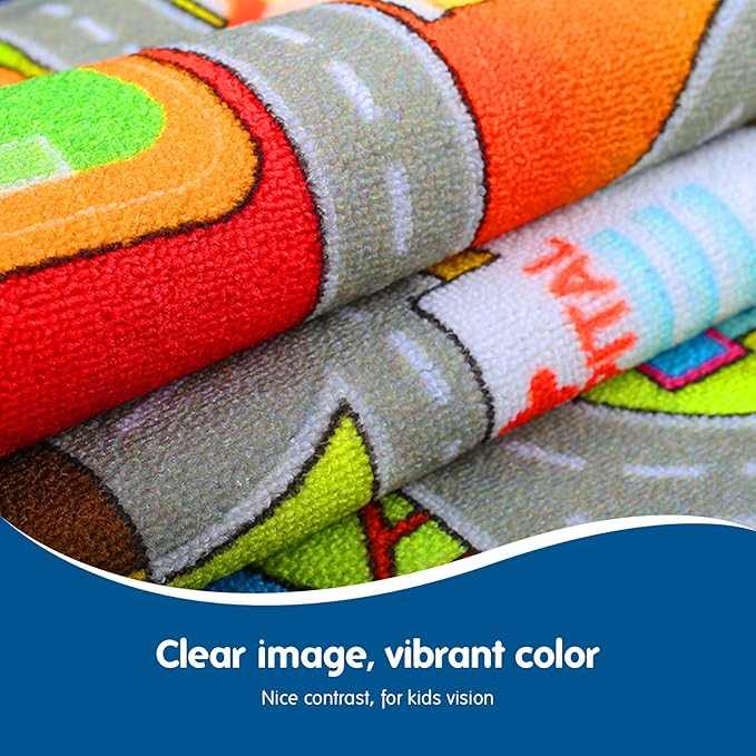 Booooom Jackson Kids Carpet Playmat Rug with 18 Toy Cars Kids Rug for Age 3+ Colorful Non Slip City Rug for Kids Track Rug Play Mat Playroom Bedroom Classroom Nursery Rug