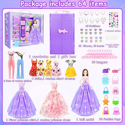 65Pcs Doll Clothes and Accessories with Doll Closet for 11.5 Inch Doll Dress up Set with 1 Doll Fashion Dresses Outfits Tops and Pants Shoe Rack Bags Gift Toy for Girls 4 5 6 7 8 9 10 Years