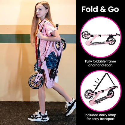 AERO MOBILITY Kick Scooter for Kids 6+, Teens & Adults | Light Up Wheels, Hand Brake, Rubber Deck Mat & Shock Absorption | Foldable & Height Adjustable