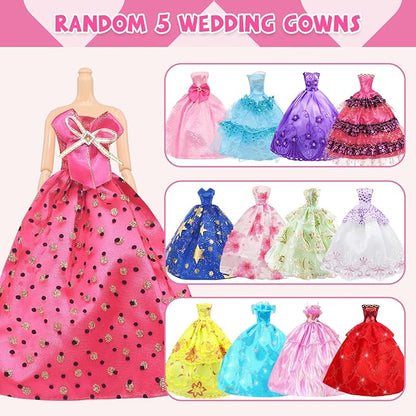 Ecore Fun 99 Pcs Doll Clothes Outfits and Accessories- 5 Princess/ Wedding Gowns 12 Fashion Dresses 2 Leisure Outfits 2 Bikini Swimsuits 10 Shoes and 57 Accessories for 11.5 inch Dolls,Girl Gift