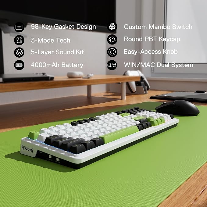 Redragon K686 PRO Wireless RGB Gasket Gaming Mechanical Keyboard, Easy Knob | Multi-Function Control Wheel, 0-Delay Tri-Mode, Cushioned 5-Layer Noise Dampening for Creamy Thocky Sound, Practical 98 Keys