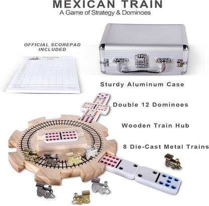 Mexican Train Dominoes Set Double 12 Color Dots | Wooden Hub, 8 Metal Trains, Aluminum Case