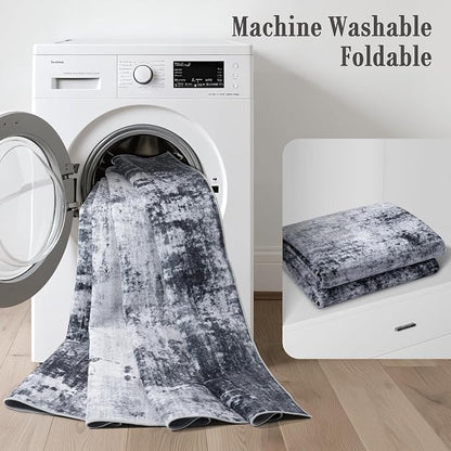 4x6 Area Rug Living Room Rug: Washable Modern Abstract Soft Thin Rug Indoor Floor No Slip Stain Resistant Carpet for Bedroom Dining Room Farmhouse Nursery Home Office - Black