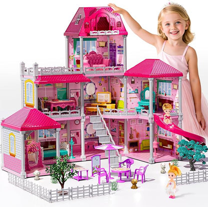 JUKUDAHU Villa Playset for Girls Ages 3-7, 3-Story 8 Room House with 2 Dolls, Furniture and Accessories, Indoor Playset Girls Toys for Ages 6-8, Pretend Toddler Toy, Birthday Gifts for Kids 4-8