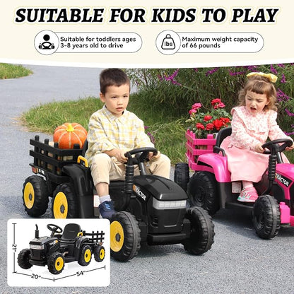 TOBBI Kids Electric Ride On Toy Tractor, Toddlers 12V Battery-Powered Car to Drive, 35W Dual Motor 6-Wheels Trailer Vehicle with 3-Speeds/LED & Horn Functions for Chirdren Aged 3-8-Black
