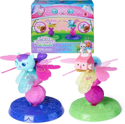Gabby's Dollhouse Fairylandia, Baby Box & Mercat Flutter-riffic Fairy Rings 2-Pack with Display Stands, Kids Toys for Girls & Boys Ages 3 and Up