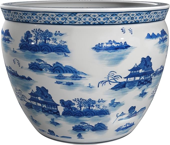 Red Lantern 14" Landscape Blue & White Porcelain Fishbowl Planter or Cachepot for Indoor/Outdoor Use in Garden Entryway Living Room Boho Eclectic Modern Contemporary Classic Traditional Style Decor