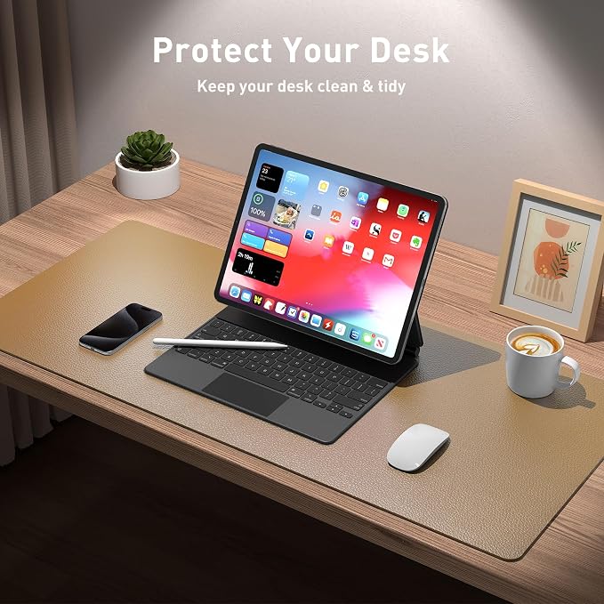 Aothia Faux Leather Desk Mat for Keyboard & Mouse (Khaki, 36" x 17") | Large desk mat for keyboard, mouse and laptop, creating a clean, organized workspace for work, study and everyday use