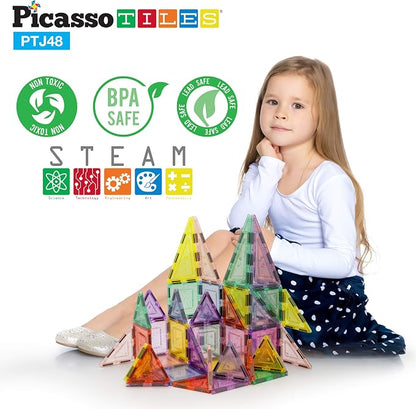 PicassoTiles Magnetic Tiles Blocks Magnet Tile Magnets Building Blocks Construction Toy Set with Reflective Leaf Flakes Magnetic Building Tiles Toys STEM Learning Kit Stacking Block Playset PTJ48