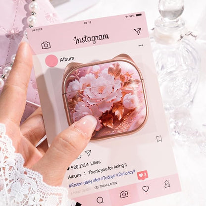 for AirPods 4 Case with Cleaning Kit, Cute Cat Ear Print Design & Cute Buckle, Inverted Phone Holder Design, Top Safe Lock Buckle Design, for Girls AirPods 4 case 2024, Rose Gold Peony