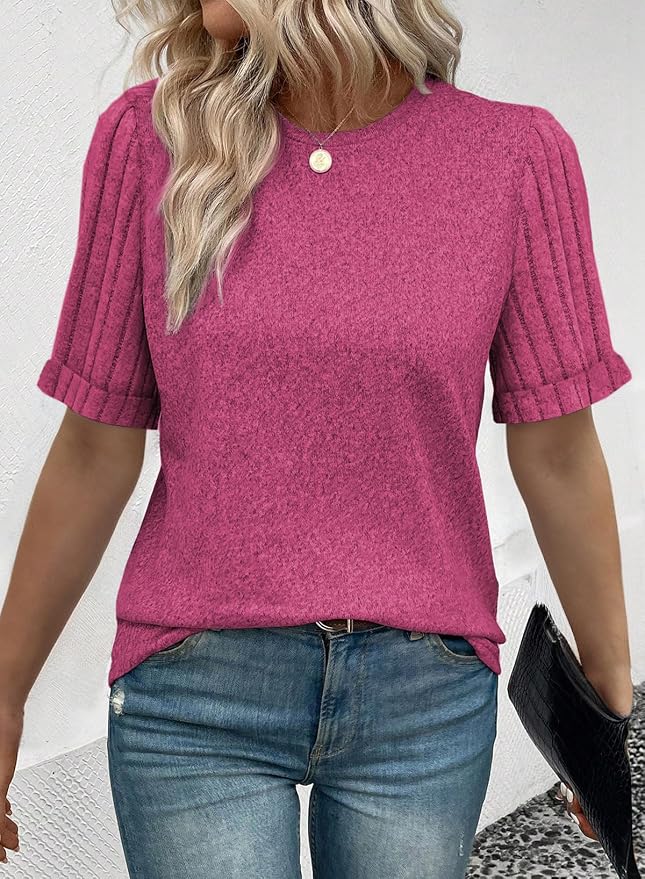 SHEWIN Women's Short Sleeve Summer Tops Crewneck Knit Solid Loose Casual Basic T Shirts Tee Blouses