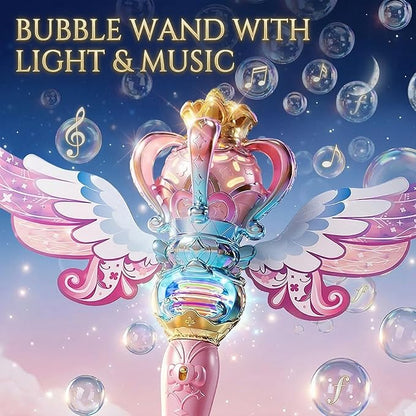 Uregoio Princess Bubble Wand for Girls - Rechargeable Spinning Light Up Magic Fairy Scepter Bubble Machine Toy with 12 Bubble Refills & Music, Birthday Gift for Kids Toddlers Age 3-8 (Pink)