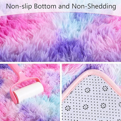 AROGAN Soft Rainbow Area Rugs for Girls Room 4x6 Feet, Fluffy Bedroom Rugs, Princess Rug, Cute Colorful Carpet for Kids Teens Nursery Toddler, Hot Pink