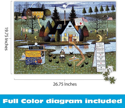 Buffalo Games Charles Wysocki - Know It All - 1000 Piece Jigsaw Puzzle - 26.75 x 19.75 in, Poster Included - 1000 Piece Puzzle for Adults - Folk Art Village Scene - Recycled Board