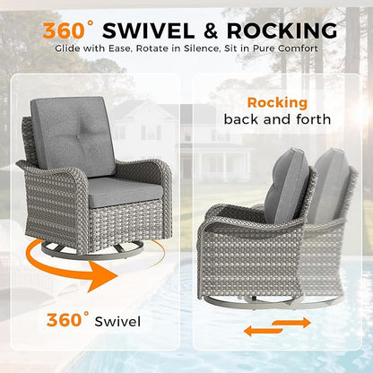 10-Seat Outdoor Wicker Patio Furniture Set with Fire Pit Table, Modular Rattan Sectional Sofa & 2 Swivel Rocking Chairs, 4" Thick Cushions, Rust-Resistant Frame,Gray