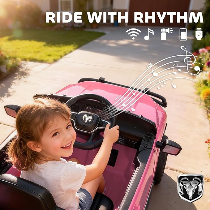 Qaba 12V Kids Ride on Car, Licensed Dodge RAM 3500 Electric Car for Kids with Dual Motors, Parent Remote Control, Rear Suspension, Power Display, Bluetooth Music and LED Lights, Pink