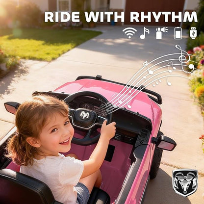 Qaba 12V Kids Ride on Car, Licensed Dodge RAM 3500 Electric Car for Kids with Dual Motors, Parent Remote Control, Rear Suspension, Power Display, Bluetooth Music and LED Lights, Pink