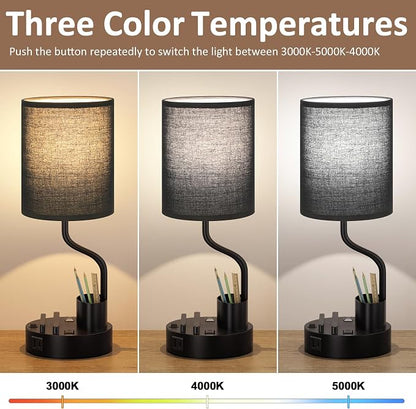 Fenmzee Bedside Lamps for Bedroom Set of 2 - Table Desk Lamp for Nightstand | 15" Table Lamp for Living Room with Pen Holder & Phone Stand, USB A+C Port, AC Outlet, 3 Color Temperature, LED Bulb Included