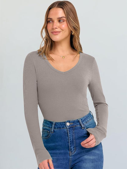 ANRABESS Long Sleeve V Neck Shirts for Women | Soft Comfy Ribbed Knit Fitted Tshirts, Casual Going Out Tops, 2026 Trendy Basic, Fall Winter Underscrub Layering Clothes