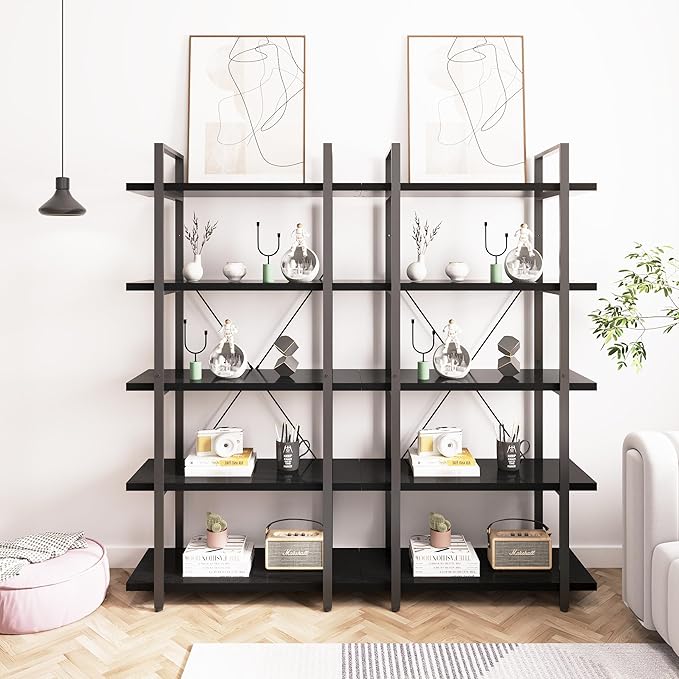 Tall Bookshelf with Large Storage,5 Tier Bookcase in Bedroom,Living Room and Office,Modern Wide Bookcase Shelf for Storing Books/Plants,Black