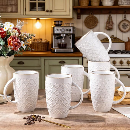 AmorArc Large Coffee Mugs Set of 6, 20oz Tall Coffee Mugs Set | with Texture Patterns for Cappuccino, Latte,Hot Cocoa, Dishwasher & Microwave Safe-Off White