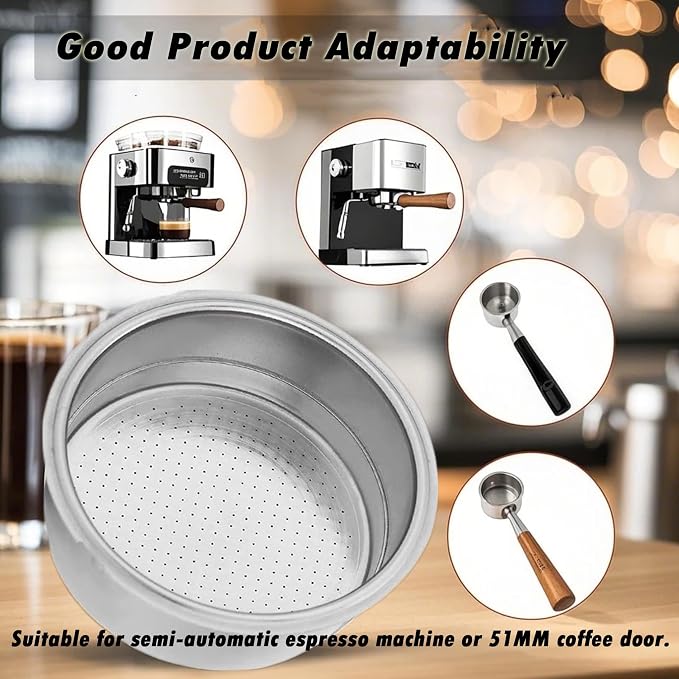 51mm Stainless Steel Coffee Filter Double Layer Filter Basket Stainless Steel Portafilter Basket Espresso Handle Compatible for Portafilter Coffee Machine(Double Cup)