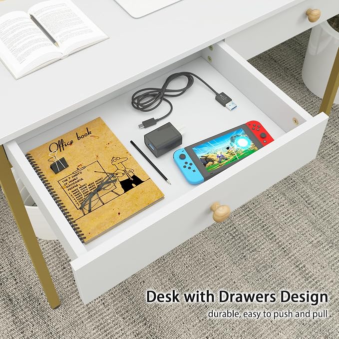 Weehom Computer Desk with Drawers, Home Office Workstation, White Gold | Sturdy and spacious workstation for writing, studying and gaming, Suitable for PC and laptop use