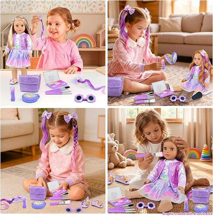 American 18 Inch Doll Clothes & Makeup Accessories Gift Set Includes Dress, Makeup Brush, Shoes, Bag, Haircomb, Eyeshadow, Lipstick, Wig, Hairpin, Sunglasses (Doll Not Included)
