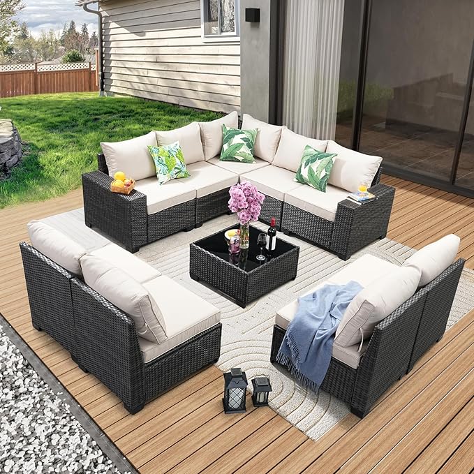 10 Pieces Patio Furniture Set All-Weather Outdoor Wicker Sectional Conversation Sofa Rattan Patio Seating Sofa with Cushion and Glass Table for Porch Poolside,Beige