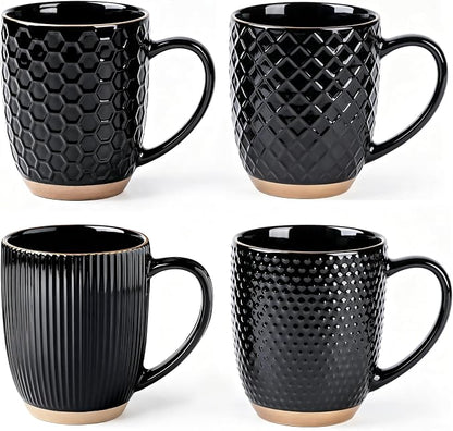 GBhome Large Coffee Mugs Set of 4, 16oz Handmade Embossed Coffee Mugs Set with Large Handle for Cappuccino/Latte/Tea/Hot Cocoa, Dishwasher & Microwave Safe, Black