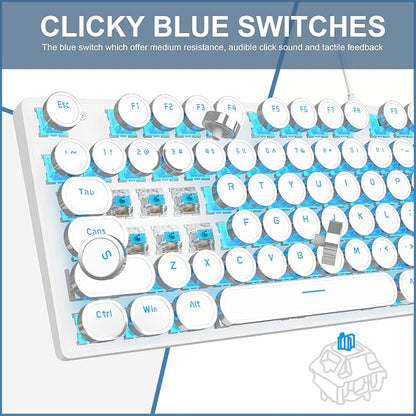 Camiysn Typewriter Style Mechanical Gaming Keyboard, White Retro Punk Gaming Keyboard with Blue Backlit, 104 Keys Blue Switch Wired Cute Keyboards, Round Keycaps for Windows/Mac/PC