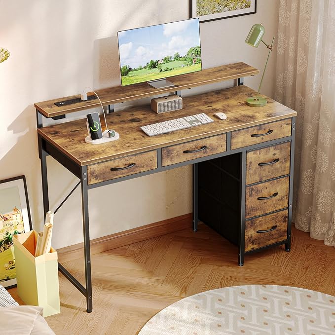 Huuger Gaming Desk with 6 Drawers, Computer Desk with LED Lights Power Outlets and Type-C, 39 Inch Office Desk with Storage, Monitor Stand, Writing Work Desk Home Office, Study, Rustic Brown