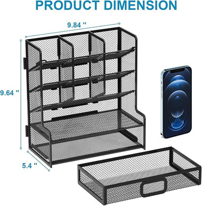 Marbrasse Larger Mesh Desk Organizer with Drawer, Multi-Functional Pen Pencil Holder, Easy Assembly, Desk Organizers and Accessories for Office Art Supplies (Black)