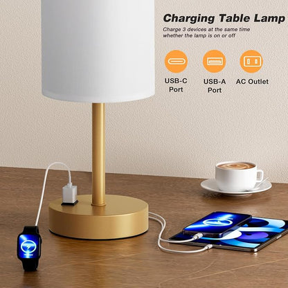 Fenmzee Gold Nightstand Bedroom Lamp - 3 Way Dimmable Bedside Lamp USB C A Charging Ports and AC Outlet, Small Table Lamp Linen Lampshade for Office Desk
