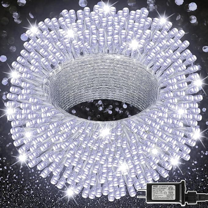 LJLNION 300 LED String Lights Outdoor Indoor, Extra Long 98.5FT Super Bright Christmas Lights, 8 Lighting Modes, Plug in Waterproof Fairy Lights for Holiday Wedding Party Bedroom Decorations ( White)