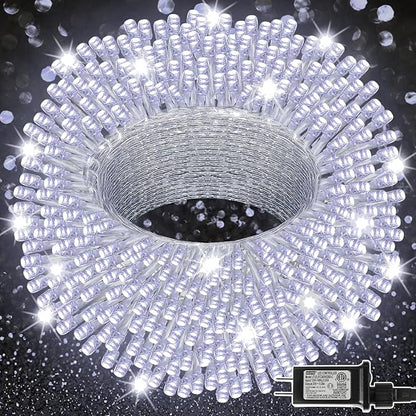 LJLNION 300 LED String Lights Outdoor Indoor, Extra Long 98.5FT Super Bright Christmas Lights, 8 Lighting Modes, Plug in Waterproof Fairy Lights for Holiday Wedding Party Bedroom Decorations ( White)